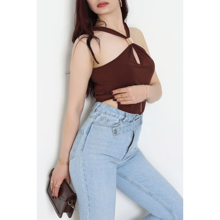 Sandy Önü Tokalı Çıtçıtlı Bluz Kahve - 42803.1949.