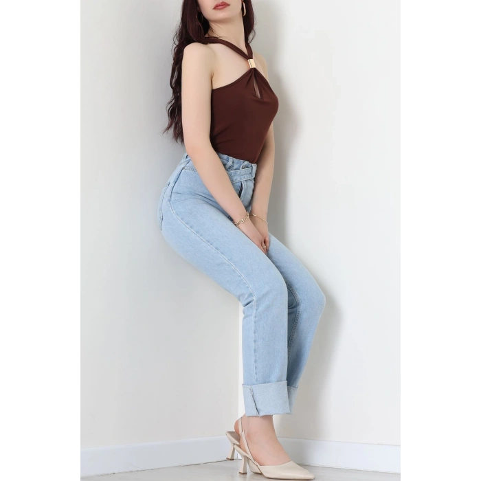 Sandy Önü Tokalı Çıtçıtlı Bluz Kahve - 42803.1949.