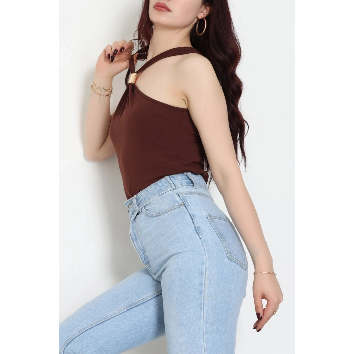 Sandy Önü Tokalı Çıtçıtlı Bluz Kahve - 42803.1949.