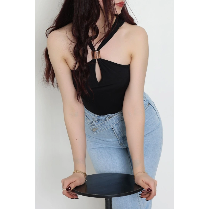 Sandy Önü Tokalı Çıtçıtlı Bluz Siyah - 42803.1949.