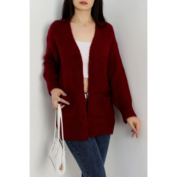 Şardonlu Triko Hırka Bordo - 31054.1766.