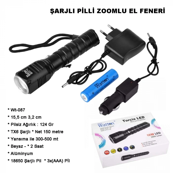 Şarjlı Pilli Zoomlu El Feneri  Wt-087