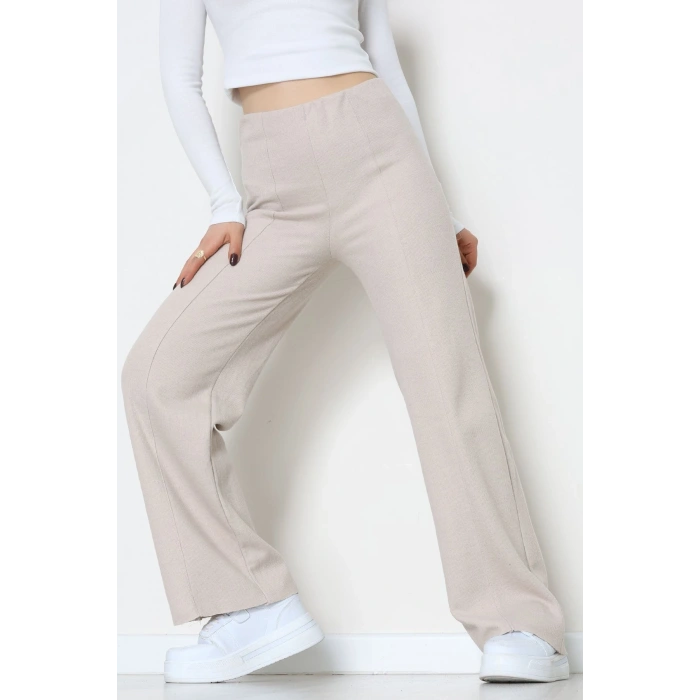 Selanik Kumaş Bel Lastikli Çımalı Pantolon Bej - 51226.1567.