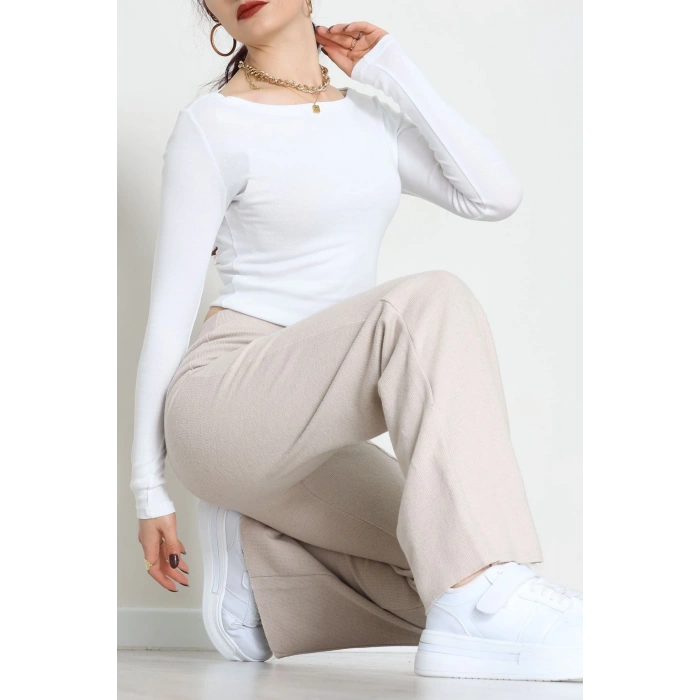 Selanik Kumaş Bel Lastikli Çımalı Pantolon Bej - 51226.1567.