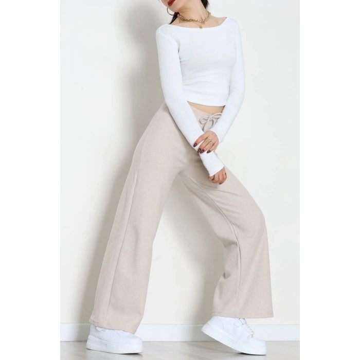 Selanik Kumaş Bel Lastikli Palazzo Pantolon Bej - 51228.1567.