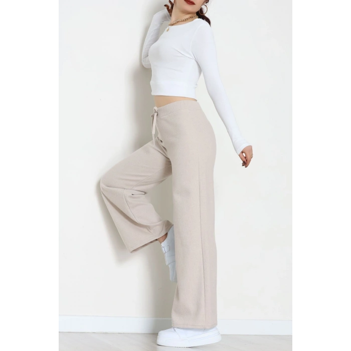 Selanik Kumaş Bel Lastikli Palazzo Pantolon Bej - 51228.1567.