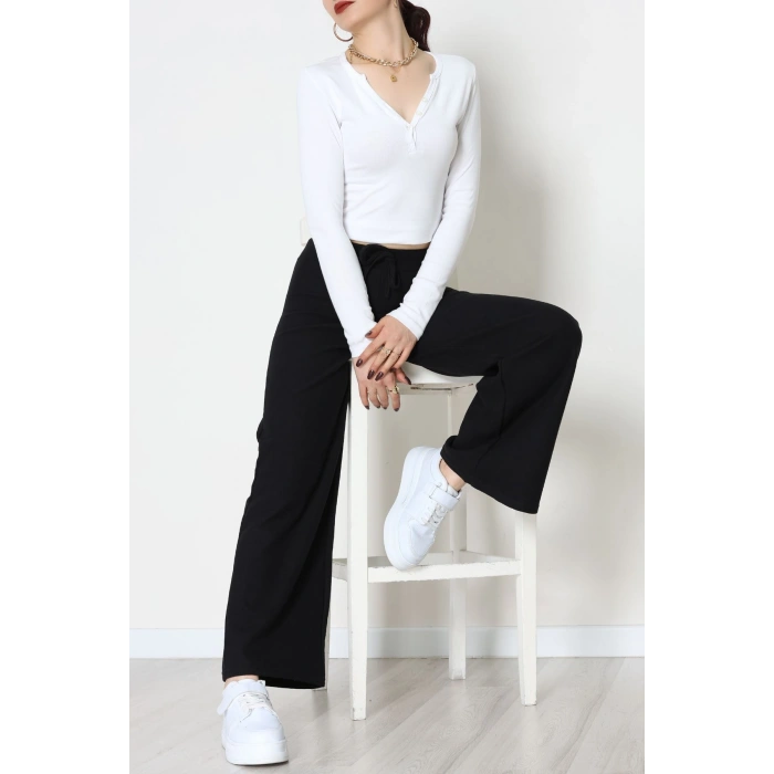 Selanik Kumaş Bel Lastikli Palazzo Pantolon Siyah - 51228.1567.