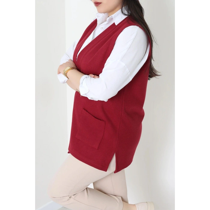 Selanik Kumaş Büyük Beden Yelek Bordo - 32221.1731.