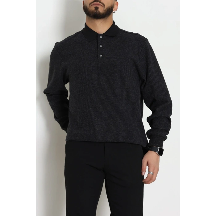 Selanik Polo Yaka Yırtmaçlı Erkek Sweat Siyah - 81386.2125.