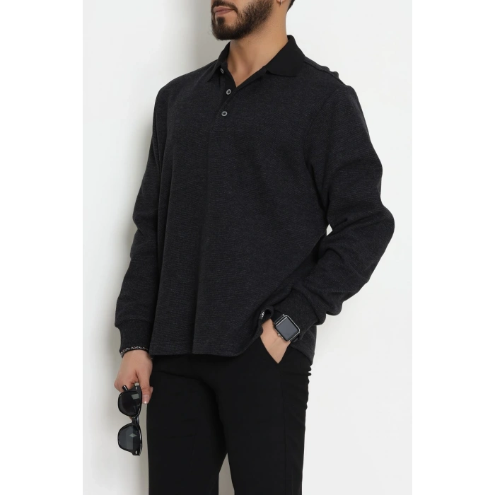 Selanik Polo Yaka Yırtmaçlı Erkek Sweat Siyah - 81386.2125.