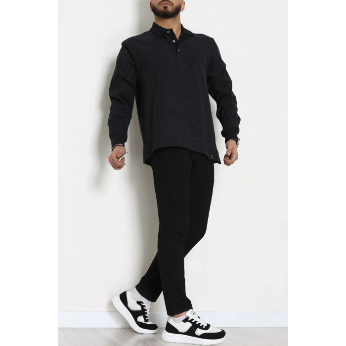 Selanik Polo Yaka Yırtmaçlı Erkek Sweat Siyah - 81386.2125.