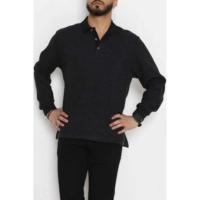 Selanik Polo Yaka Yırtmaçlı Erkek Sweat Siyah - 81386.2125.