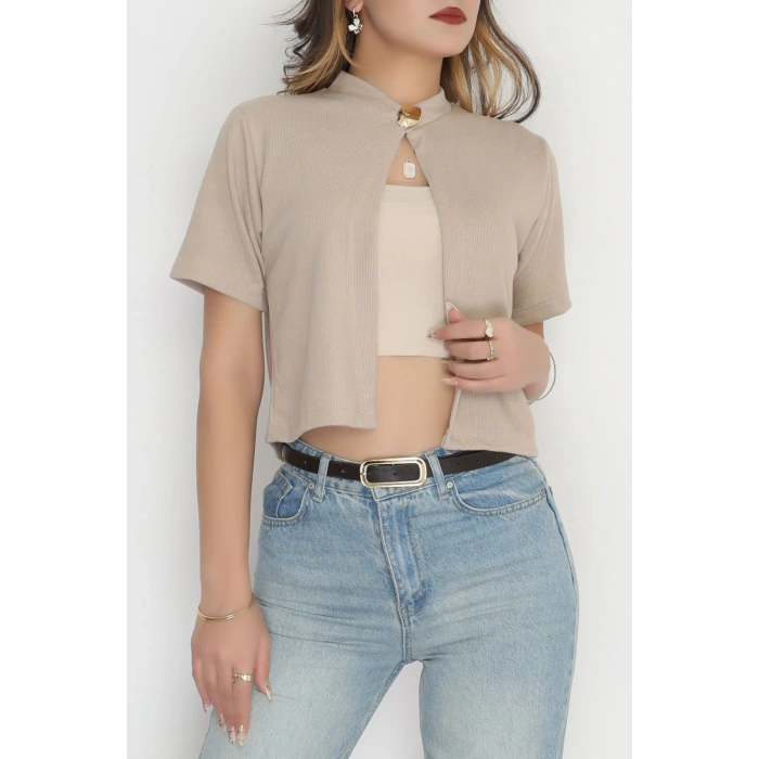 Selanik Tek Düğme Kısa Kol Hırka Bej - 4106.1247.