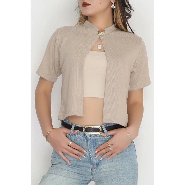 Selanik Tek Düğme Kısa Kol Hırka Bej - 4106.1247.