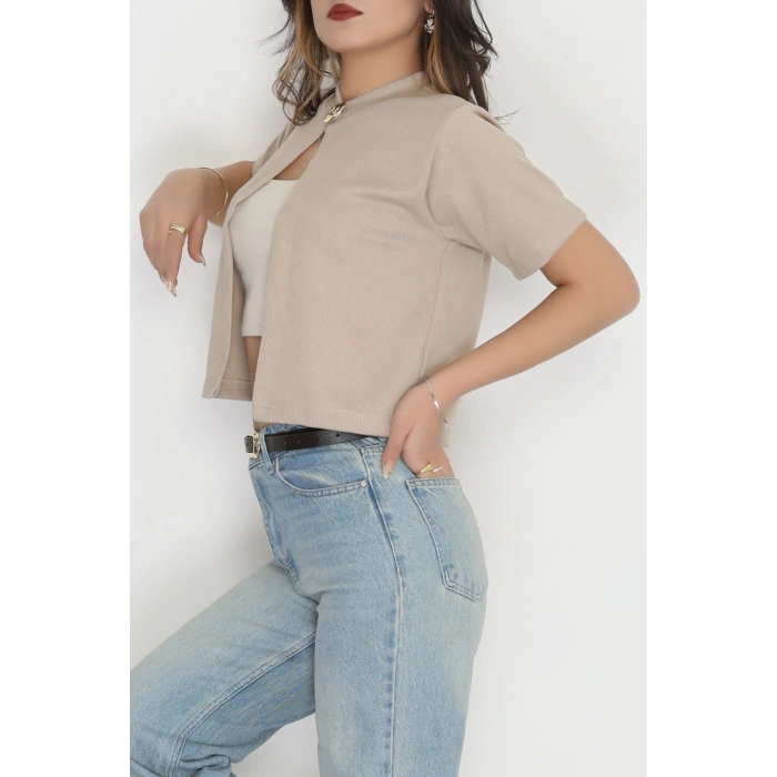 Selanik Tek Düğme Kısa Kol Hırka Bej - 4106.1247.