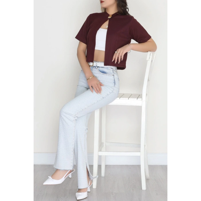 Selanik Tek Düğme Kısa Kol Hırka Mürdüm - 4106.1247.