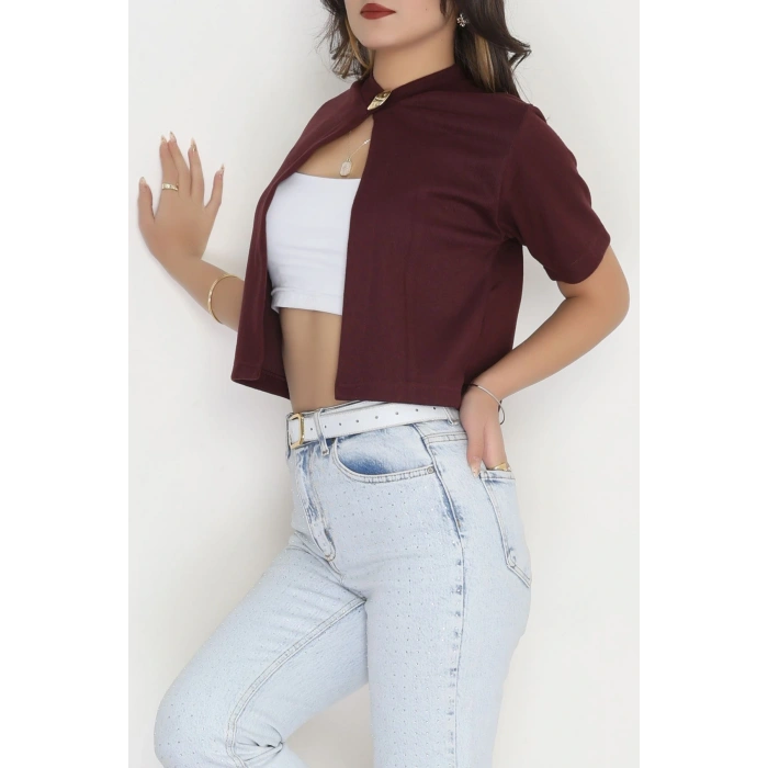 Selanik Tek Düğme Kısa Kol Hırka Mürdüm - 4106.1247.