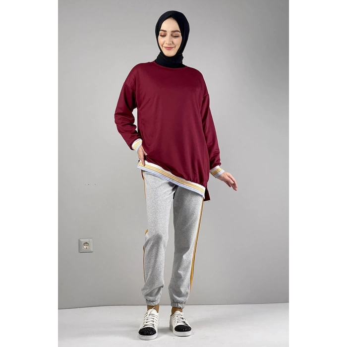 Şerit Detaylı Eşofman Altı Gri Hardal