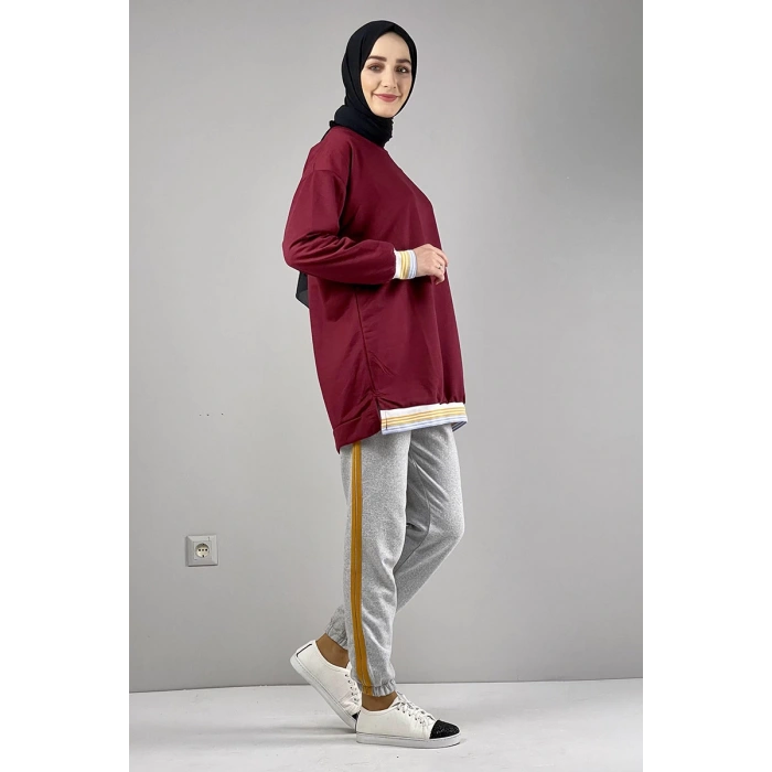 Şerit Detaylı Eşofman Altı Gri Hardal