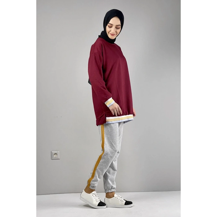 Şerit Detaylı Eşofman Altı Gri Hardal