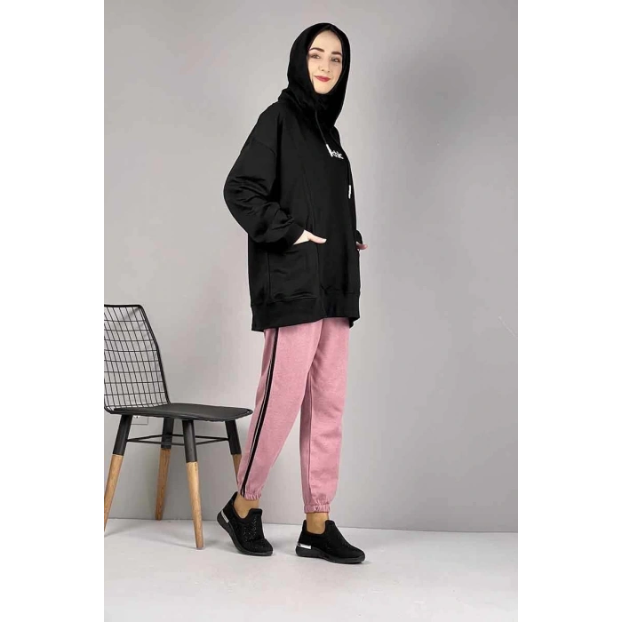 Şerit Detaylı Eşofman Altı Pudra Siyah