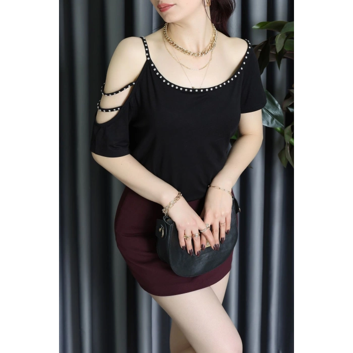 Şerit Taş Detaylı Viskon Bluz Siyah - 62079.1256.