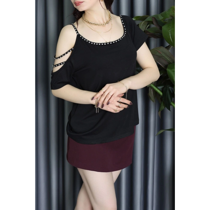 Şerit Taş Detaylı Viskon Bluz Siyah - 62079.1256.