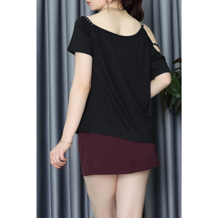 Şerit Taş Detaylı Viskon Bluz Siyah - 62079.1256.