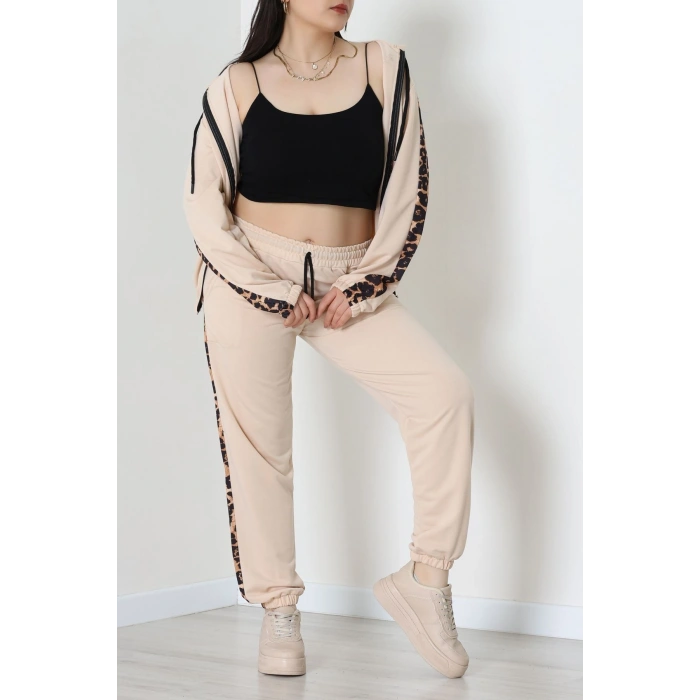 Şeritli 2 İplik Büyük Beden Eşofman Takımı Bej - 50806.1857.