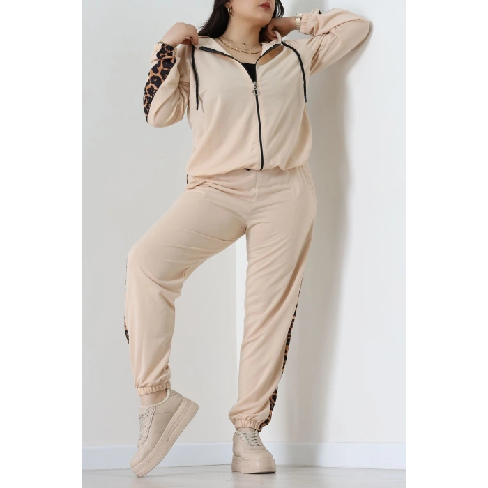 Şeritli 2 İplik Büyük Beden Eşofman Takımı Bej - 50806.1857.