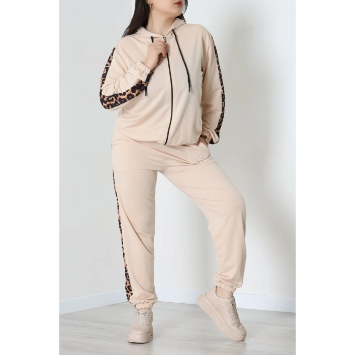 Şeritli 2 İplik Büyük Beden Eşofman Takımı Bej - 50806.1857.