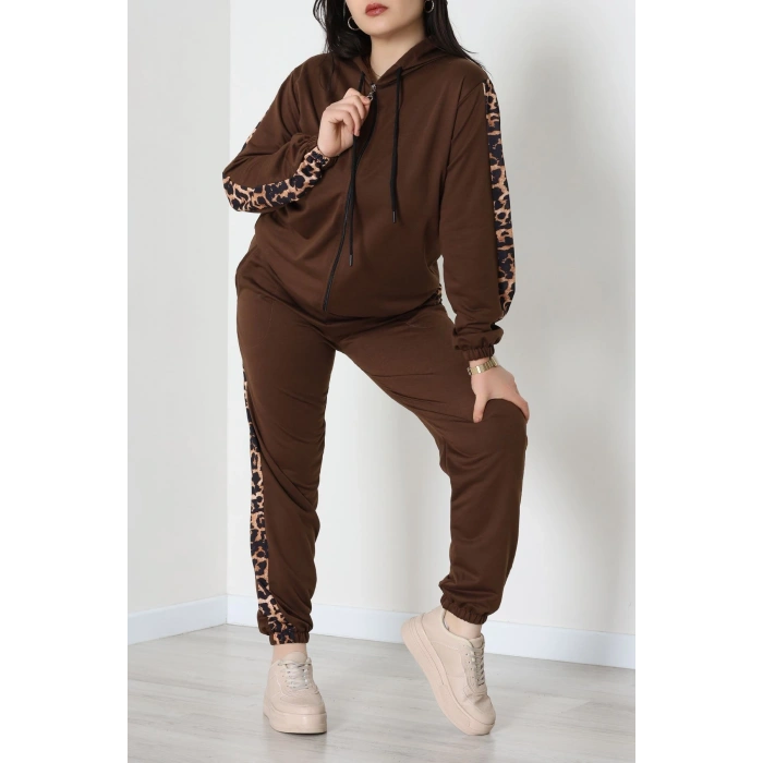 Şeritli 2 İplik Büyük Beden Eşofman Takımı Kahve - 50806.1857.