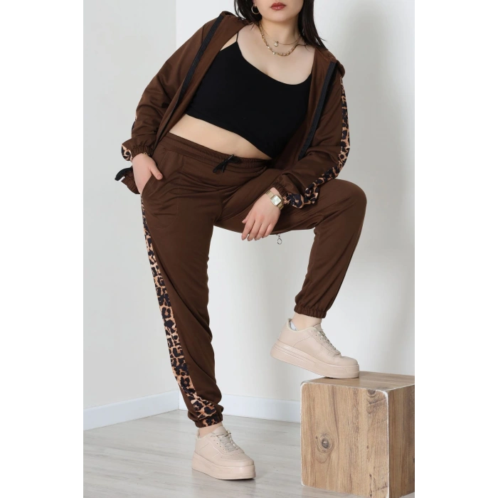 Şeritli 2 İplik Büyük Beden Eşofman Takımı Kahve - 50806.1857.