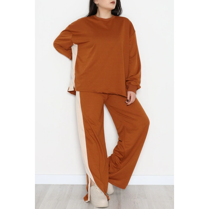 Şeritli 2 İplik Büyük Beden Eşofman Takımı Kahvebej - 52047.1857.