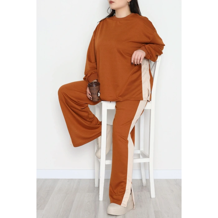 Şeritli 2 İplik Büyük Beden Eşofman Takımı Kahvebej - 52047.1857.