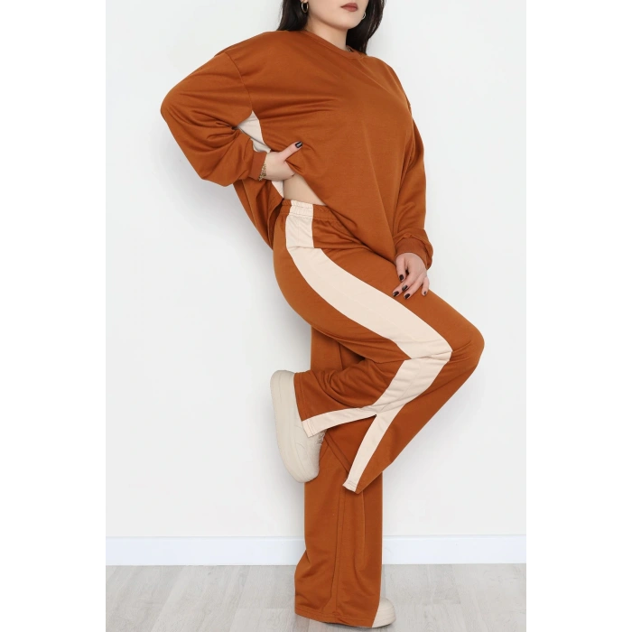 Şeritli 2 İplik Büyük Beden Eşofman Takımı Kahvebej - 52047.1857.