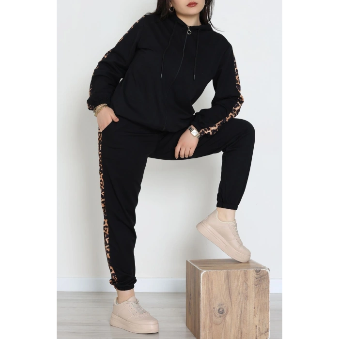 Şeritli 2 İplik Büyük Beden Eşofman Takımı Siyah - 50806.1857.