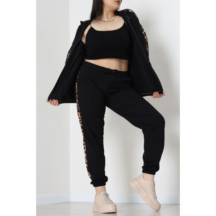 Şeritli 2 İplik Büyük Beden Eşofman Takımı Siyah - 50806.1857.