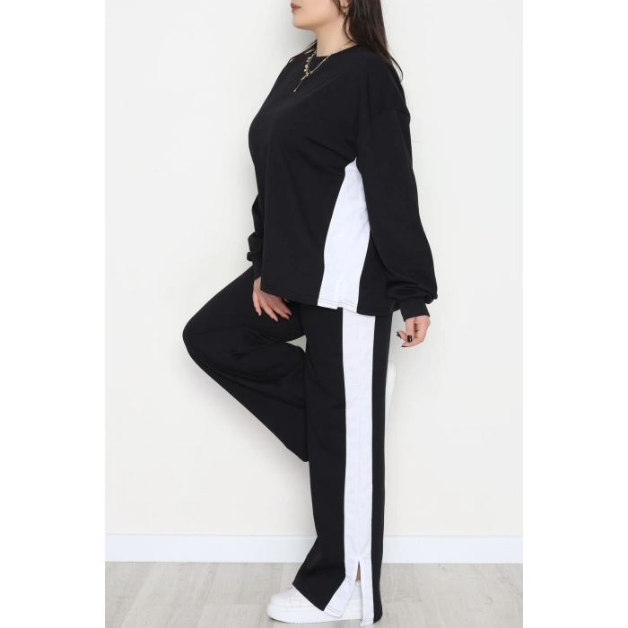 Şeritli 2 İplik Büyük Beden Eşofman Takımı Siyahbeyaz - 52047.1857.