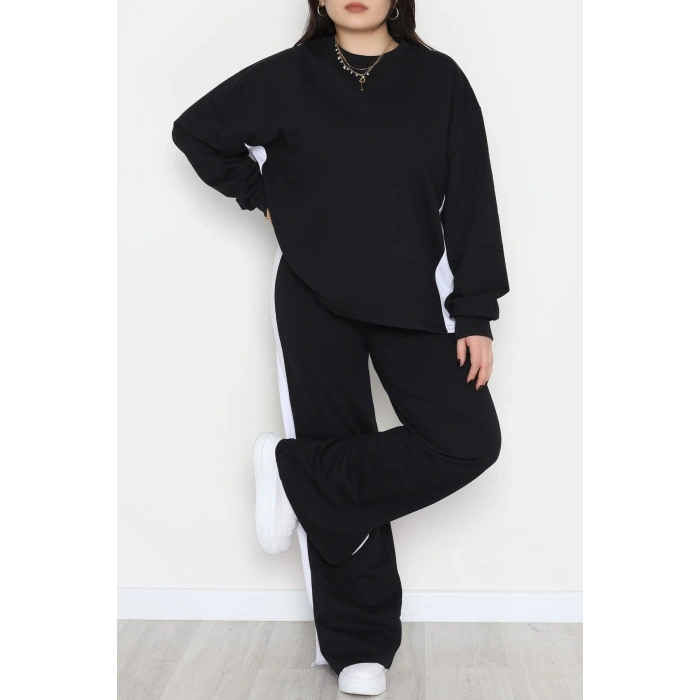 Şeritli 2 İplik Büyük Beden Eşofman Takımı Siyahbeyaz - 52047.1857.