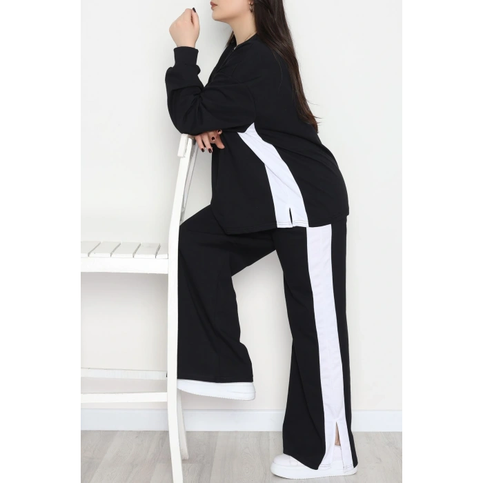 Şeritli 2 İplik Büyük Beden Eşofman Takımı Siyahbeyaz - 52047.1857.