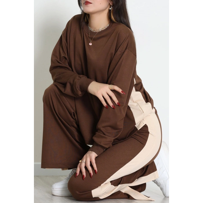 Şeritli 2 İplik Eşofman Takımı Kahvebej - 52180.1857.