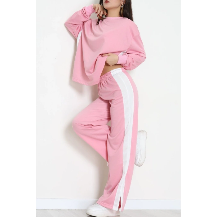 Şeritli 2 İplik Eşofman Takımı Pembebeyaz - 52180.1857.