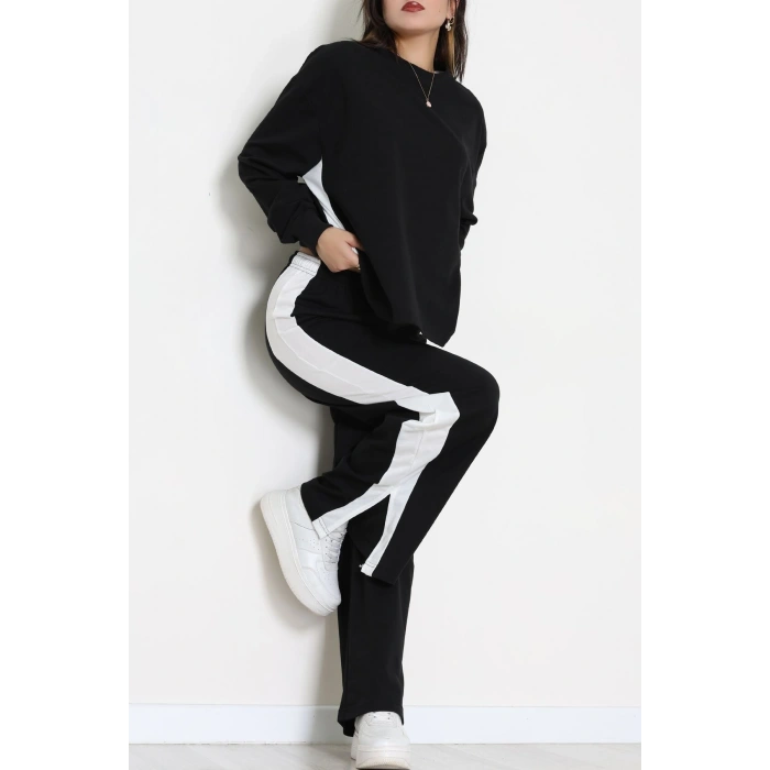 Şeritli 2 İplik Eşofman Takımı Siyahbeyaz - 52180.1857.