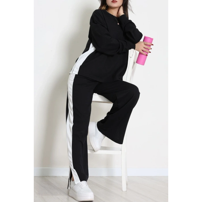 Şeritli 2 İplik Eşofman Takımı Siyahbeyaz - 52180.1857.