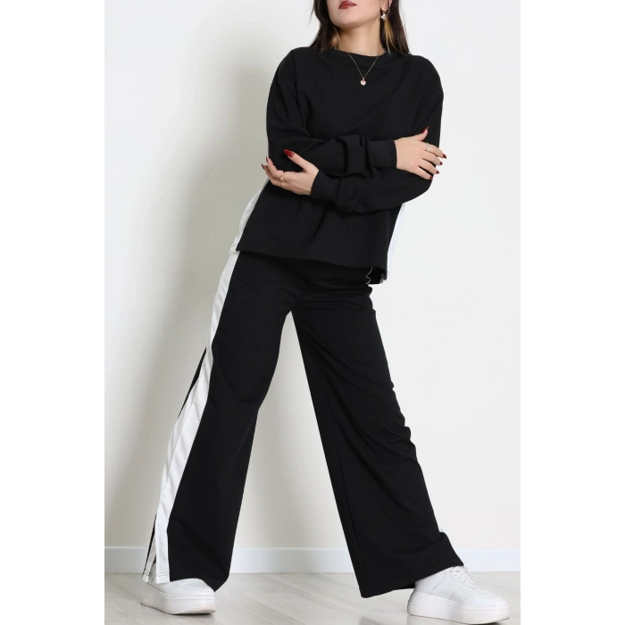 Şeritli 2 İplik Eşofman Takımı Siyahbeyaz - 52180.1857.