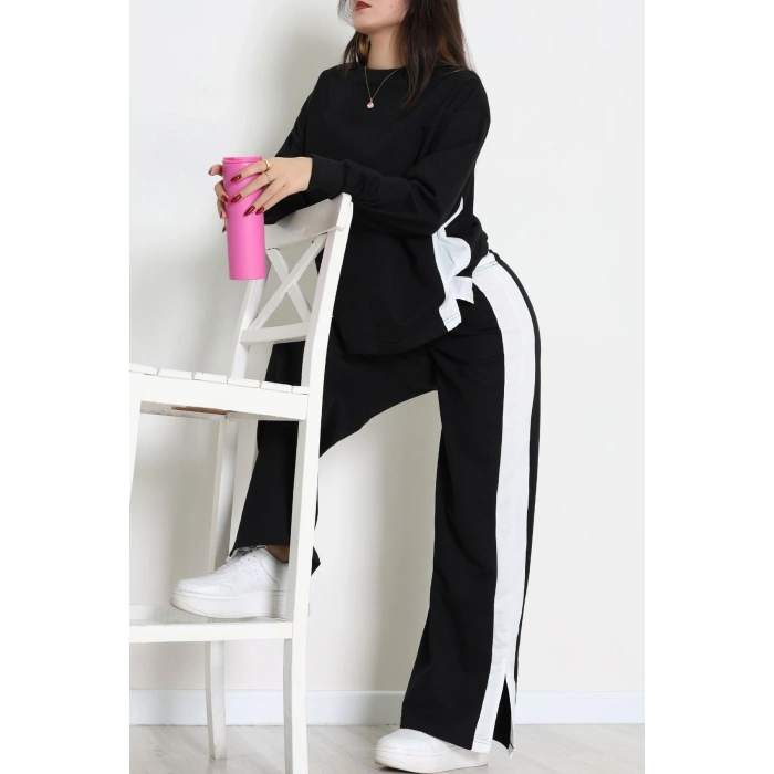 Şeritli 2 İplik Eşofman Takımı Siyahbeyaz - 52180.1857.