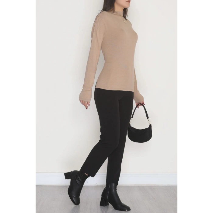 Sırt Dekolteli Örme Bluz Vizon - 71788.444.