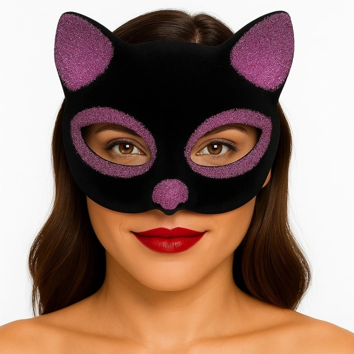Siyah Renk Pembe Simli Süet Kaplama Kedi Maskesi 18x14 Cm