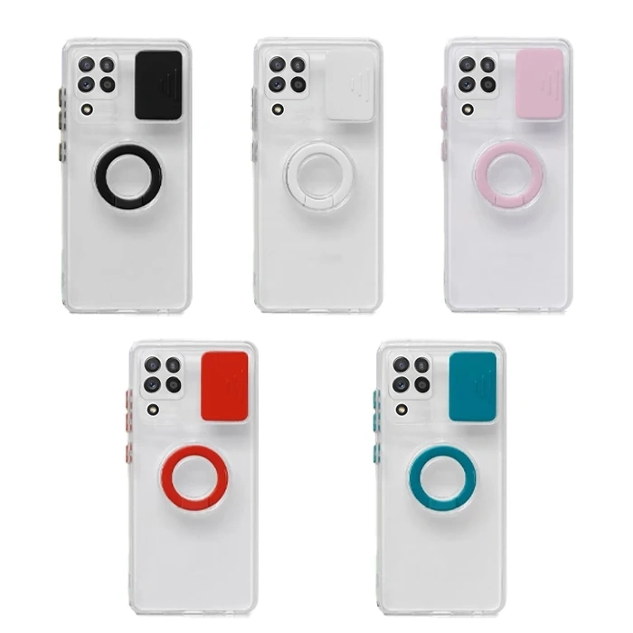 SM Galaxy A12 - M12 - F12 Kılıf Sürgülü Kamera Lens Korumalı Yüzük Standlı Silikon Kılıf-(1903)